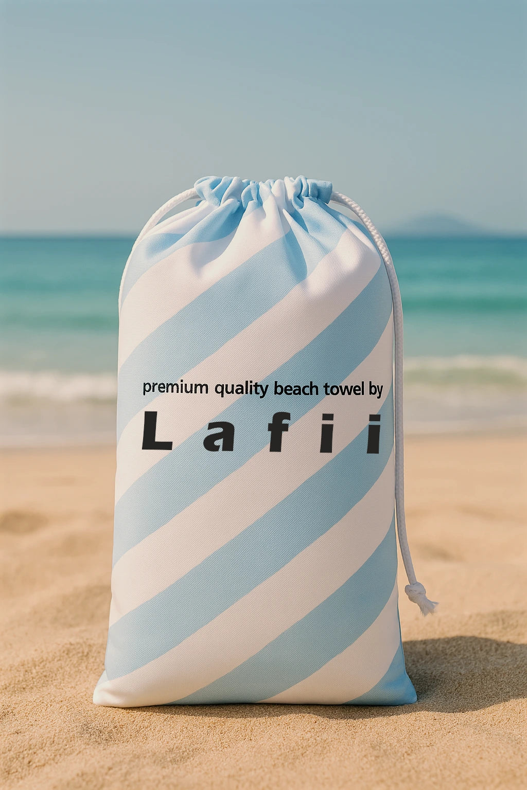 Lafii microvezel strandlaken verpakt in blauw-wit gestreepte canvas tas – compact, stijlvol en ideaal voor strand, reis of dagelijks gebruik.
